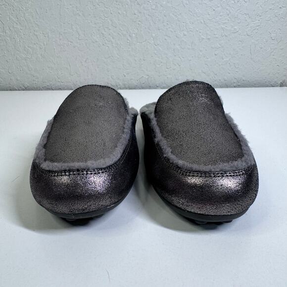 UGG Slippers 11 Lane Metallic Gunmetal Suede Fur Lined Sheepskin Loafer Mule - Picture 7 of 13